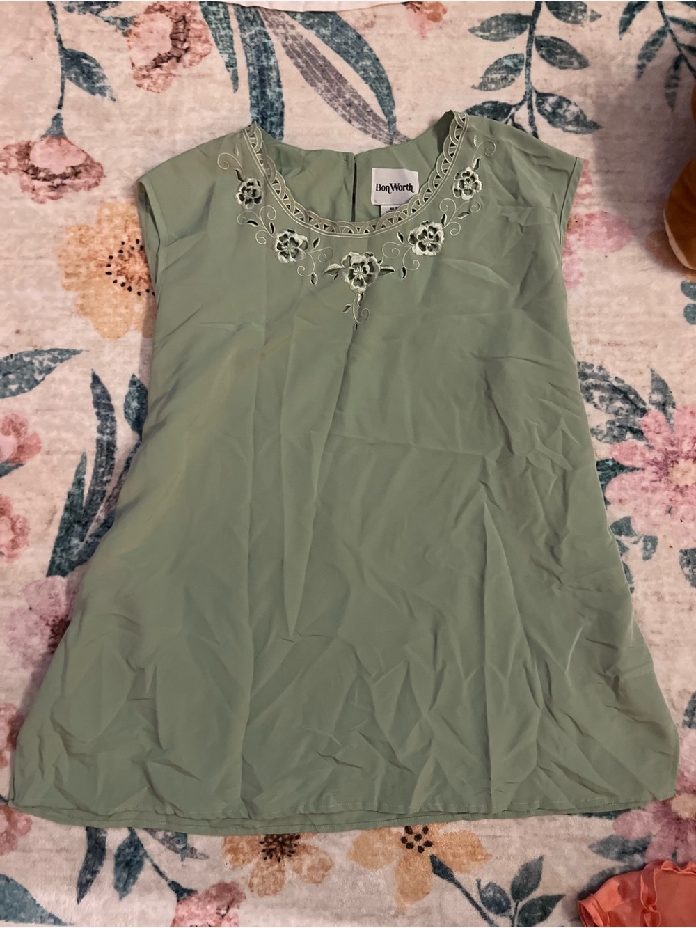 BonWorth Light Sage Green Floral Embroidered Neck Top